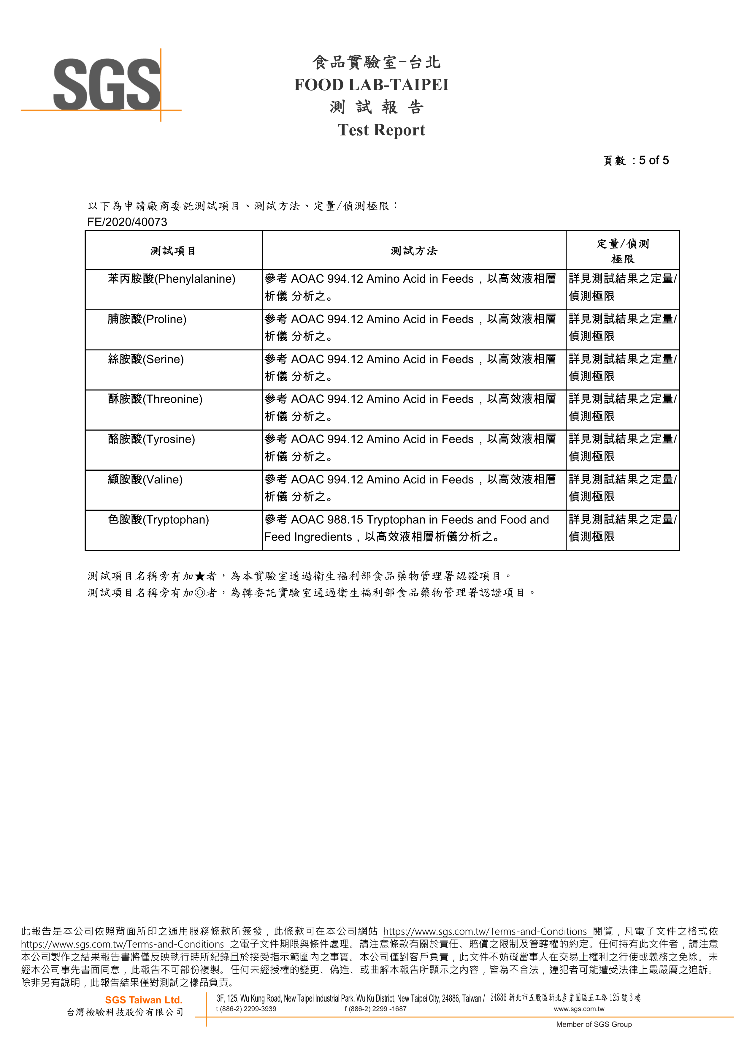 SGS 台北食品实验室测试报告 FE/2020/40073 第 5 页